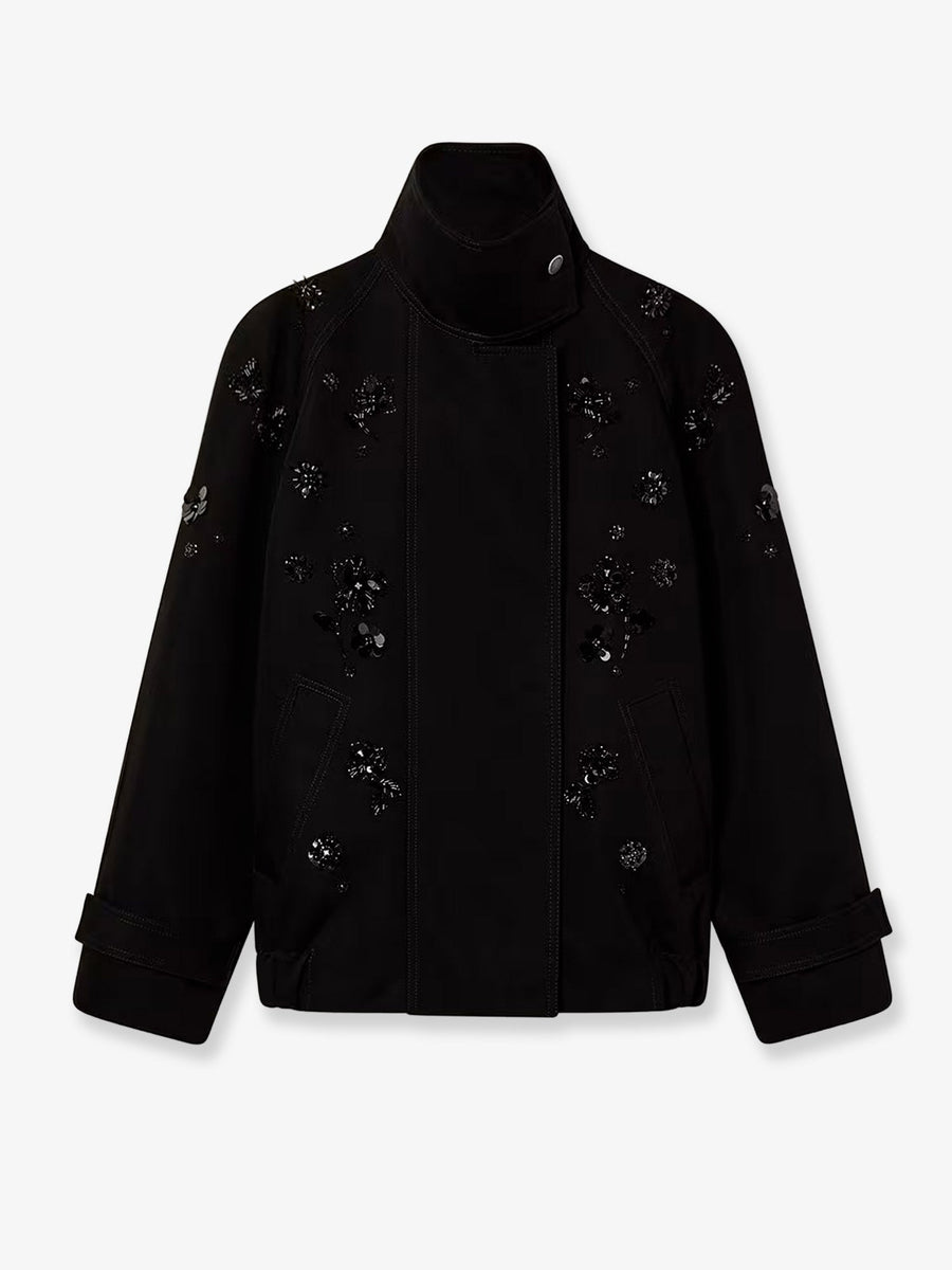 Black Denim Jacket With Floral Sequin Details Cotton