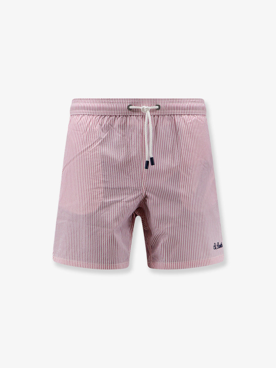 Swim Trunks Striped Motif Pink Polyester Shorts