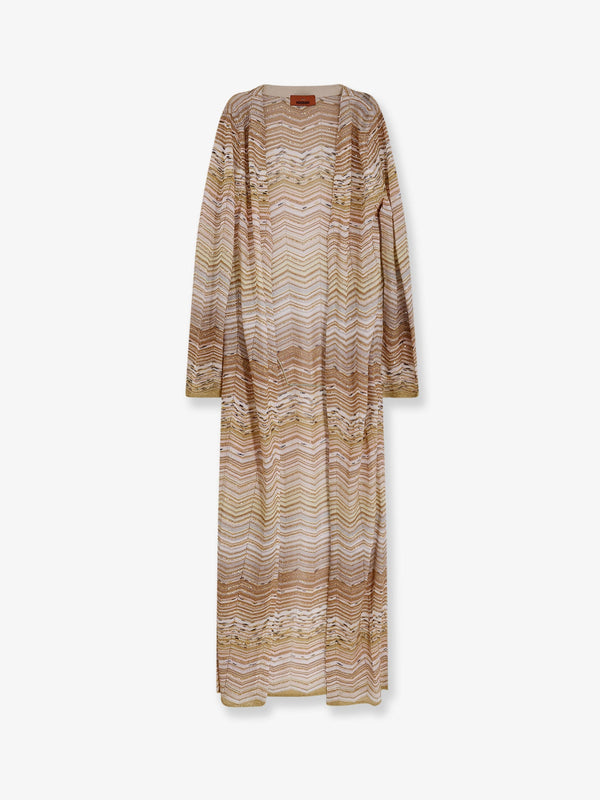 Long Chevron Motif Cardigan With Sequins Gold Viscose