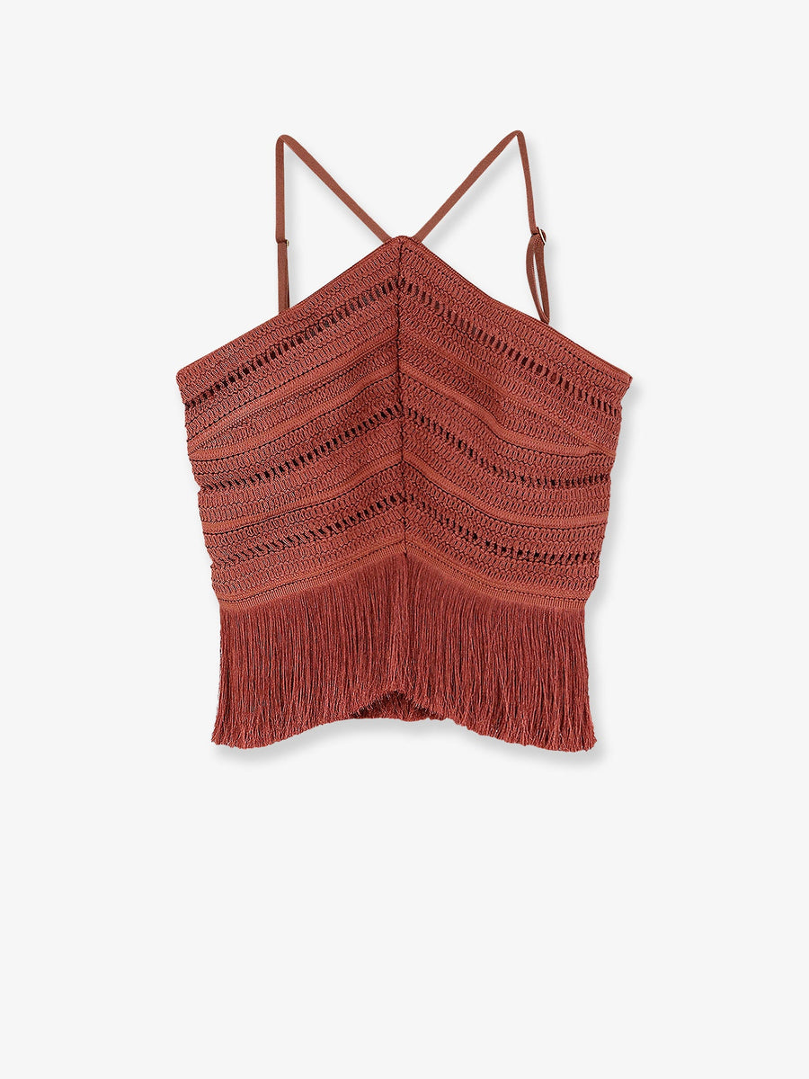 Asymmetrical Top With Fringes Brown Polyester T-shirts & Jerseys
