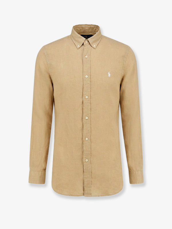 Linen Shirt With Logo Embroidery Beige