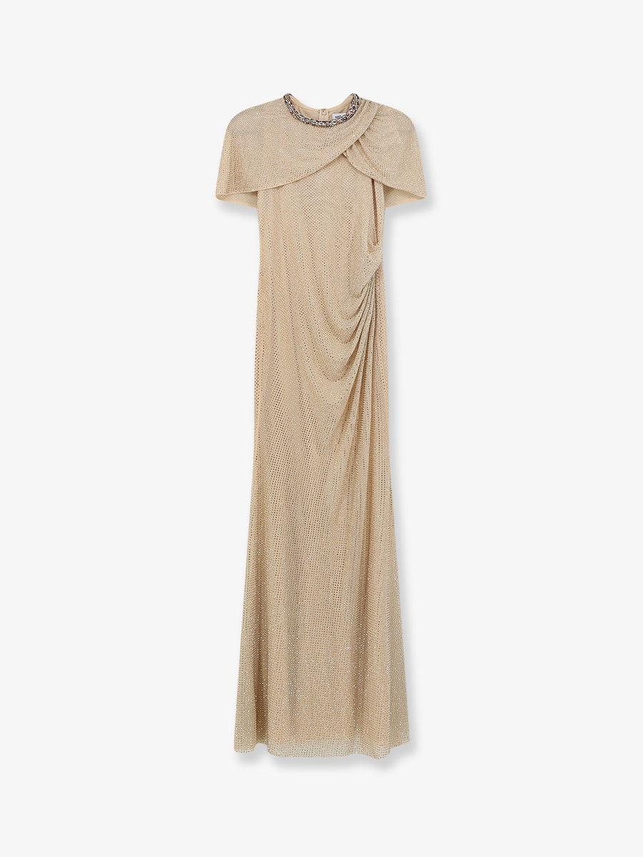 Maxi Dress Rhinestone Trim Beige Polyester