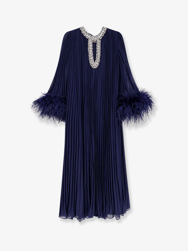 Chiffon Long Dress With Ostrich Feathers Blue Polyester