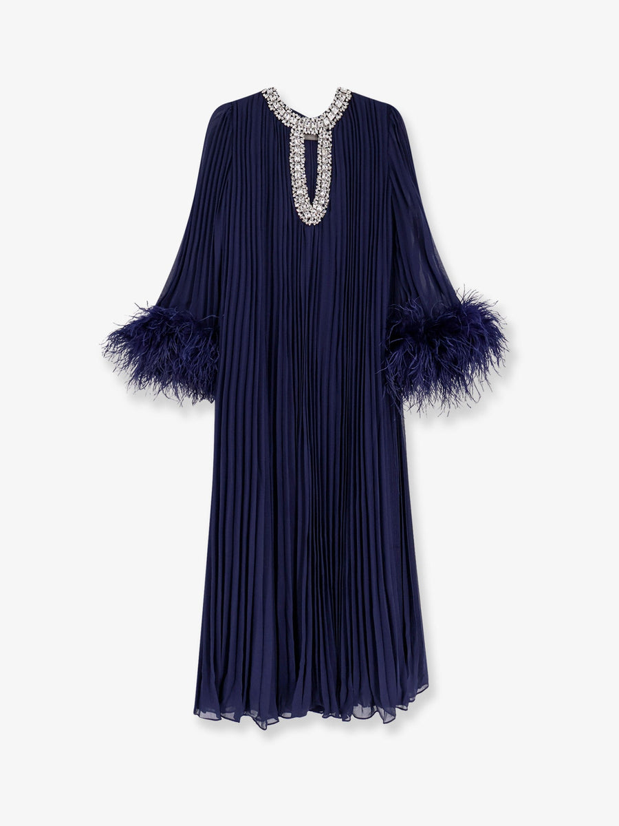 Chiffon Long Dress With Ostrich Feathers Blue Polyester