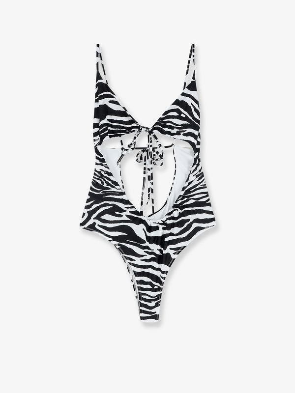 One-Piece Swimsuit Zebra Print Black Polyester Swimwear
