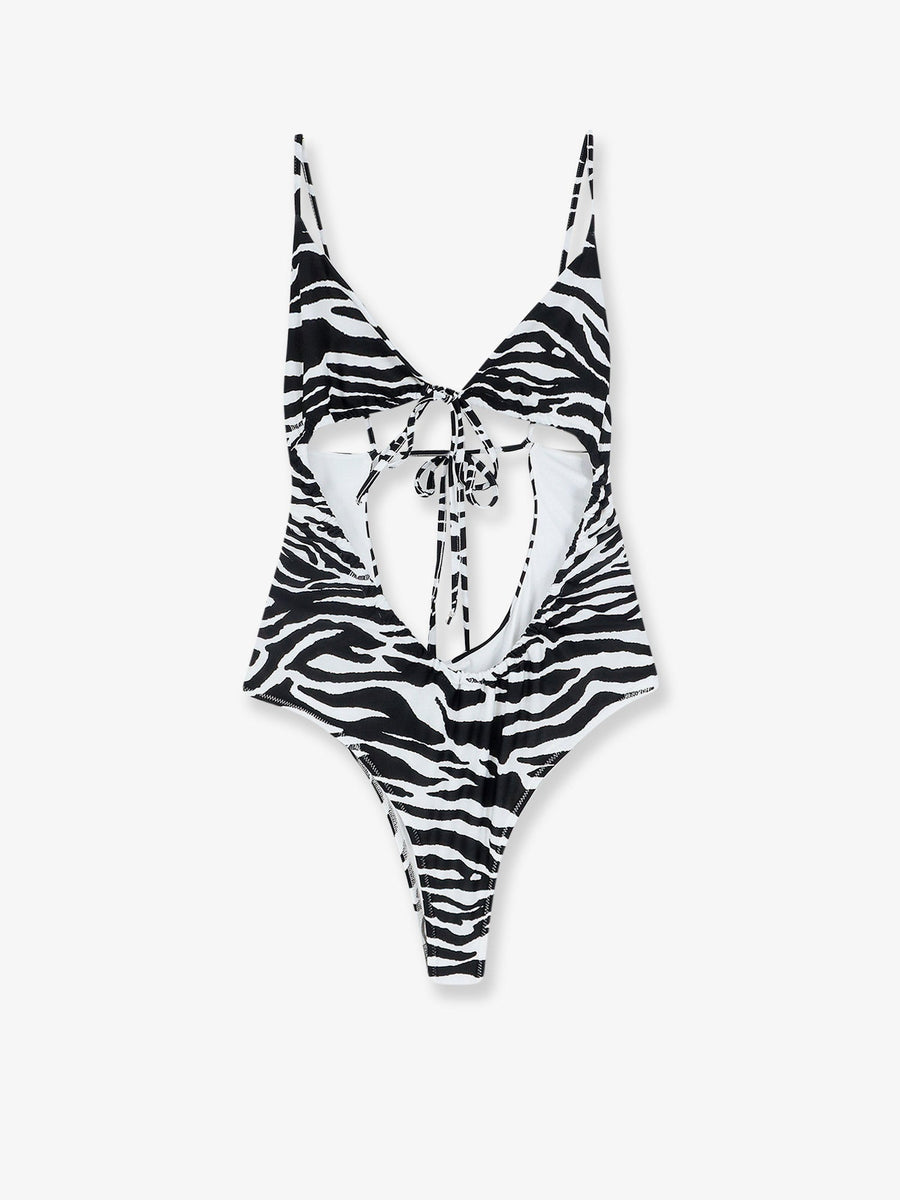 One-Piece Swimsuit Zebra Print Black Polyester Swimwear