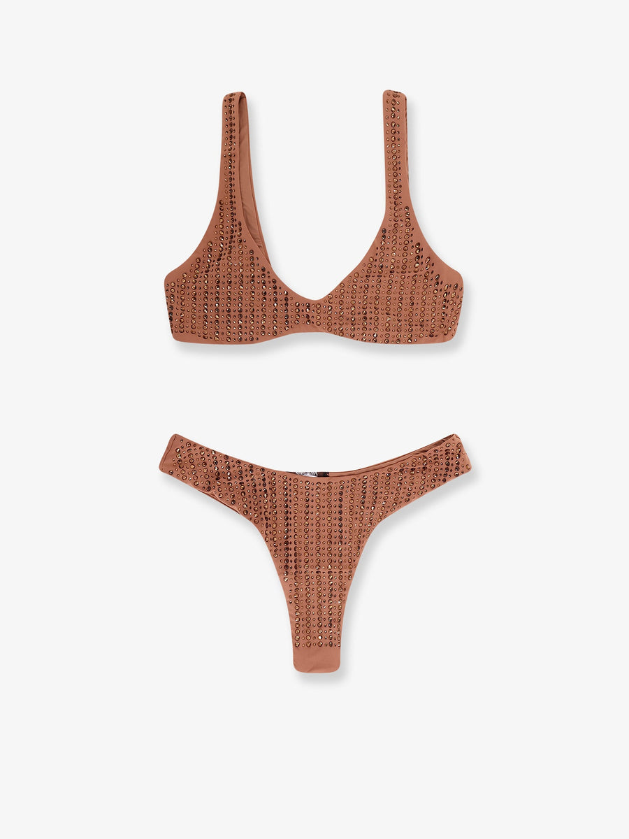 Bikini With Rhinestones Brown Polyamide Swimwear