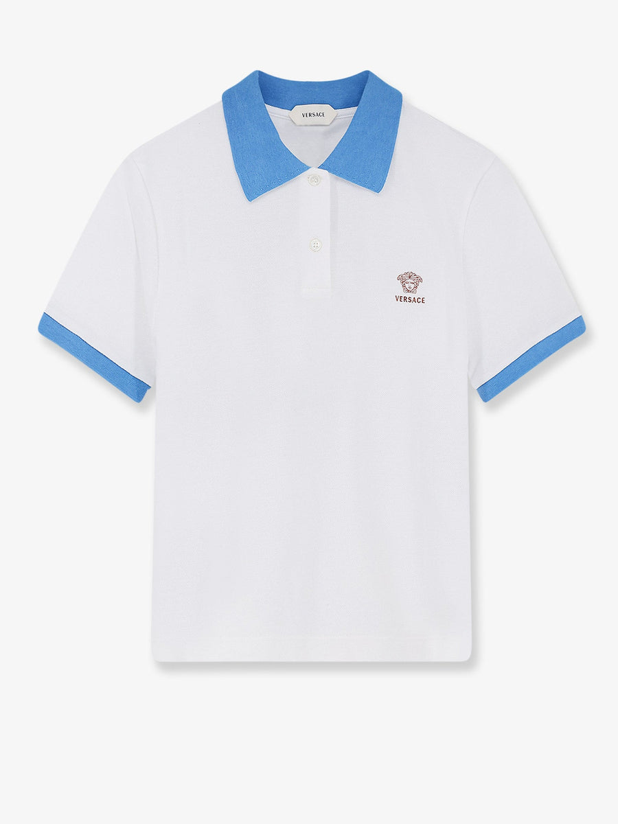 Polo Shirt Medusa Embroidery White Cotton Tops