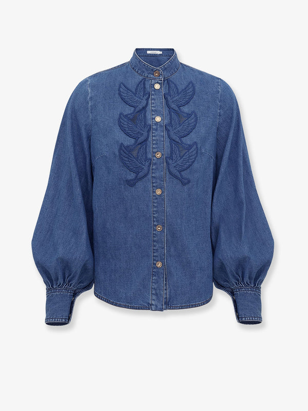 Denim Shirt With Cut-Out Embroidery Blue Cotton