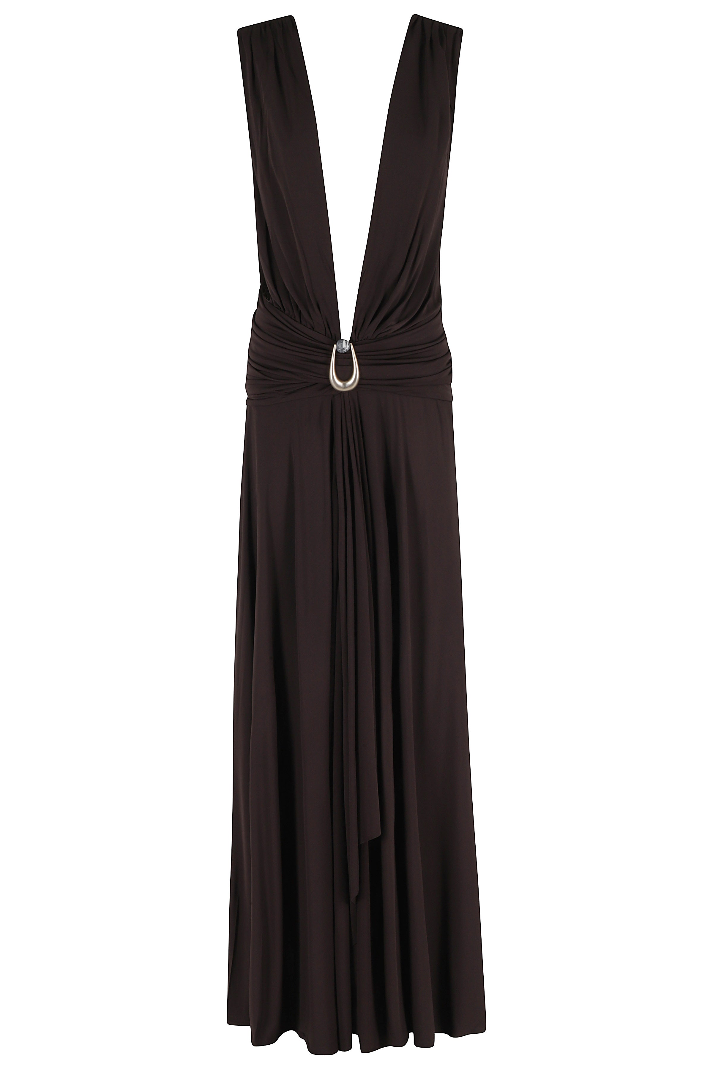 Stone Pin Scarf Drape Long Dress Brown Viscose Abito