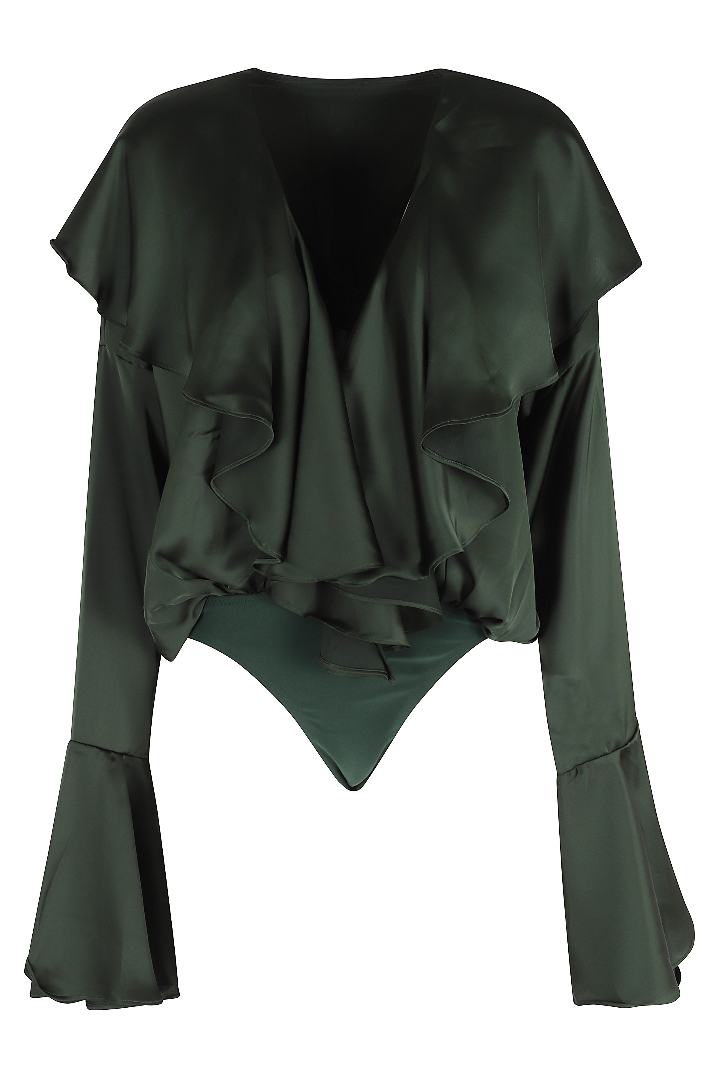 Long Sleeve Deep V Ruffle Bodysuit Green Poliestere Top