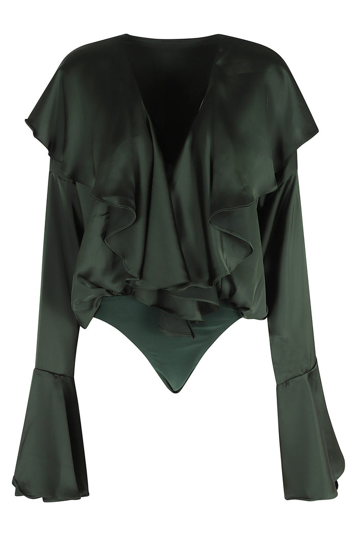 Long Sleeve Deep V Ruffle Bodysuit Green Poliestere Top