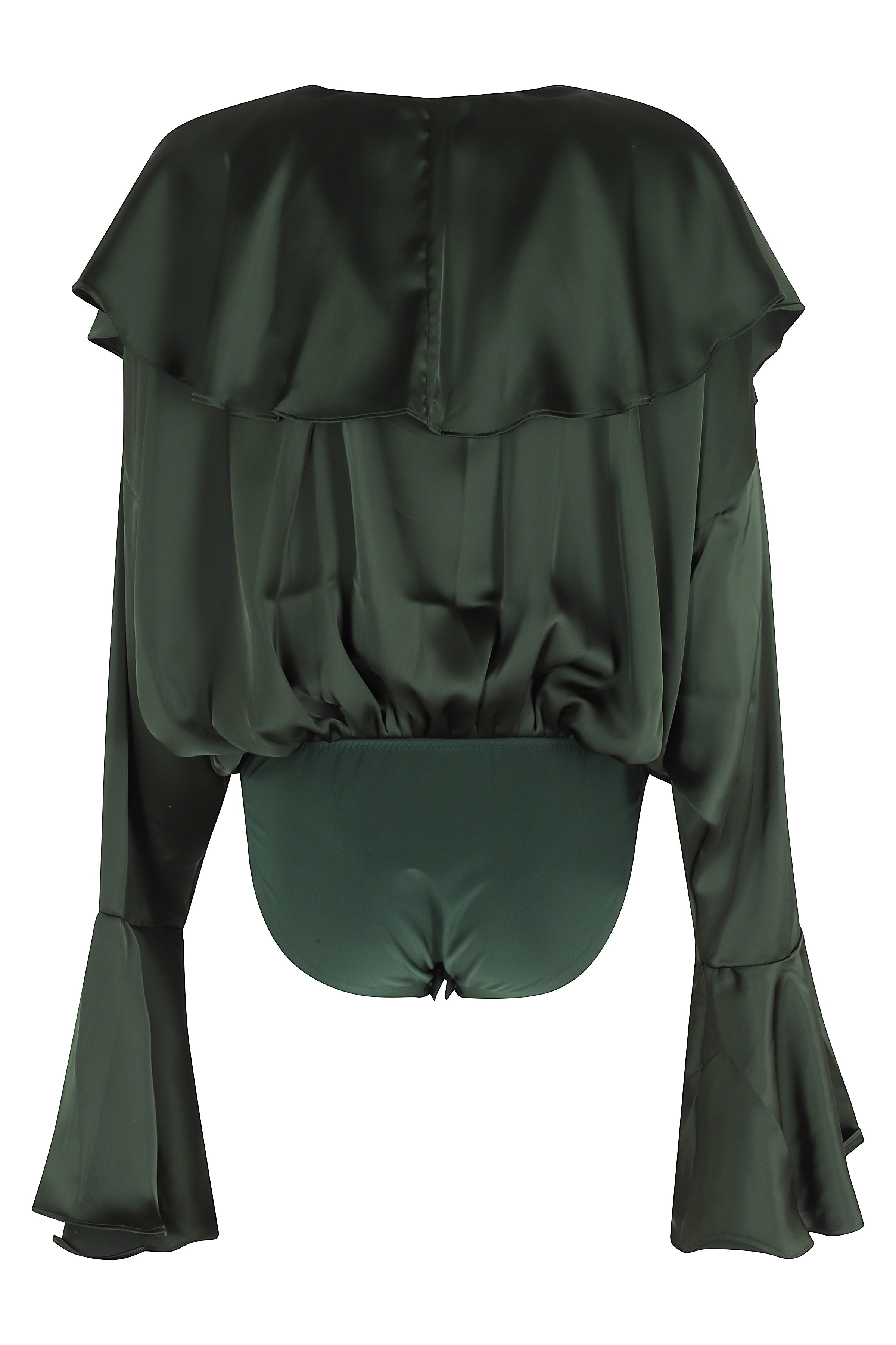 Long Sleeve Deep V Ruffle Bodysuit Green Poliestere Top