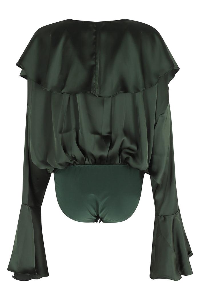 Long Sleeve Deep V Ruffle Bodysuit Green Poliestere Top
