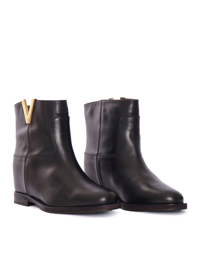 V ANKLE BOOTS Black Leather Sole Rubber Booties