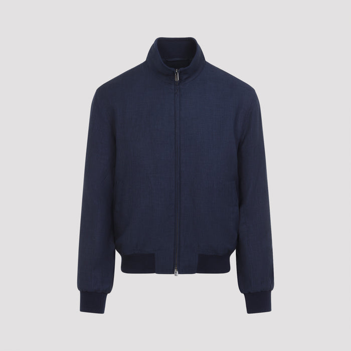 Felton Bomber Jacket Blue Linen Wool Mulberry Silk