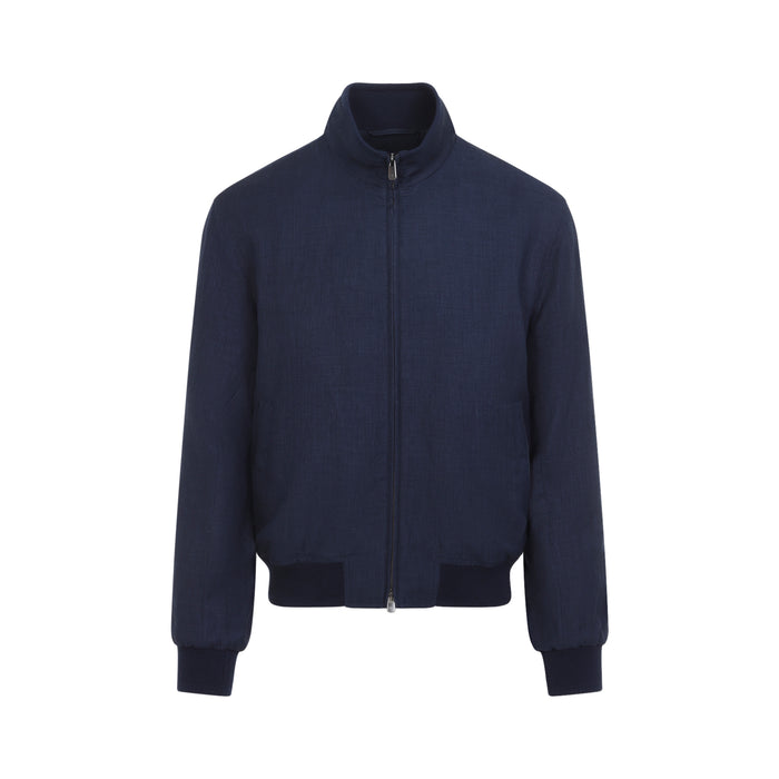 Felton Bomber Jacket Blue Linen Wool Mulberry Silk