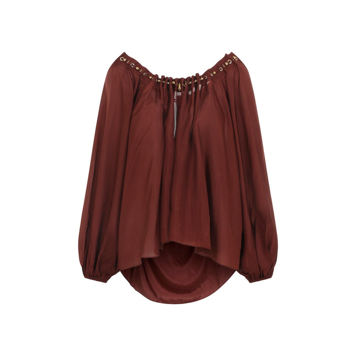 Aster Gathered Bead Blouse Red Silk