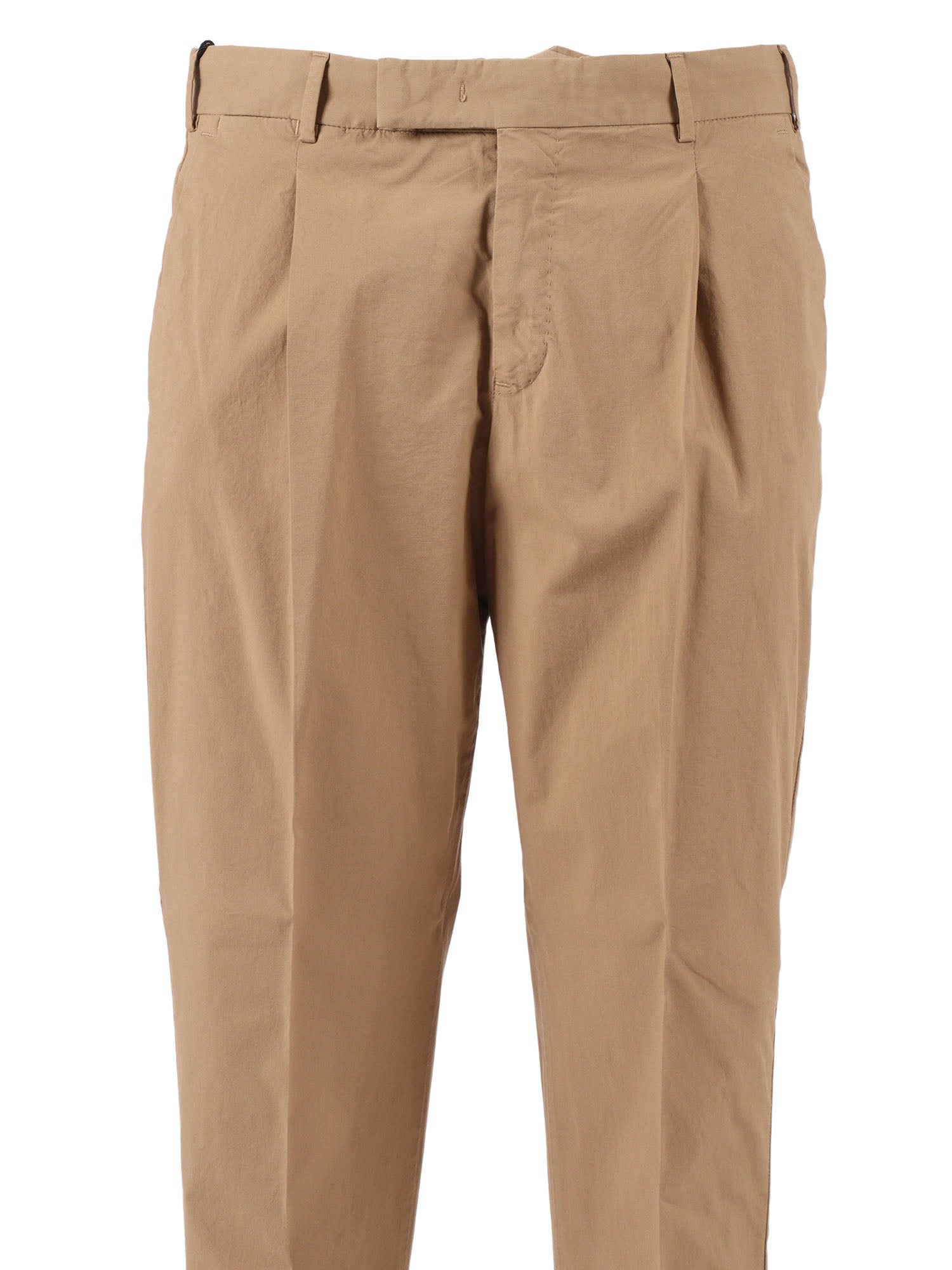 REBEL 1 Pleat, Diagonal Pockets, Flap Back Turn-Up Beige Cotton Elastane Pant