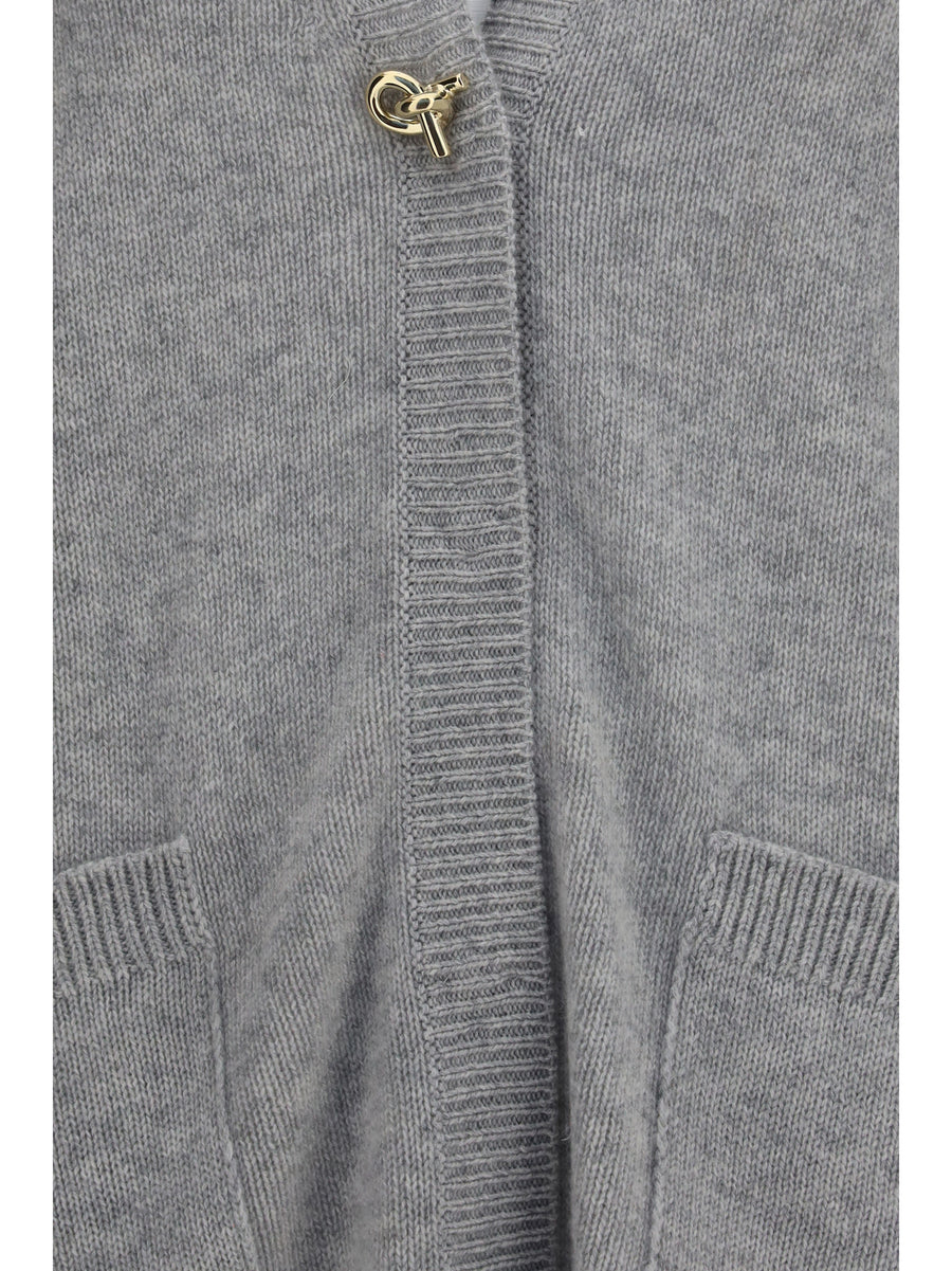 Cashmere Cardigan With V-Neck And Knot Button Granite Grey