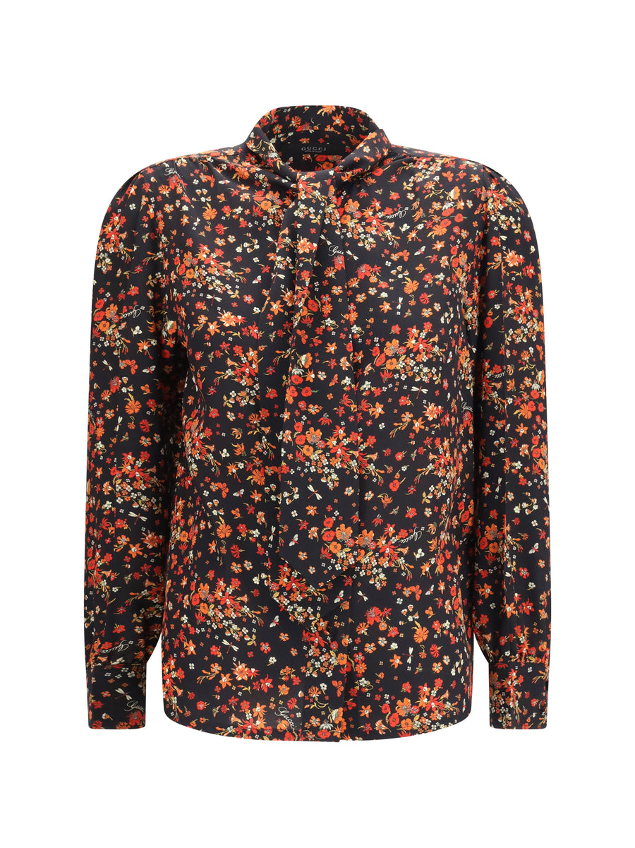 Shirt Flora Print Silk Tie-Neck Black/red/multicolour