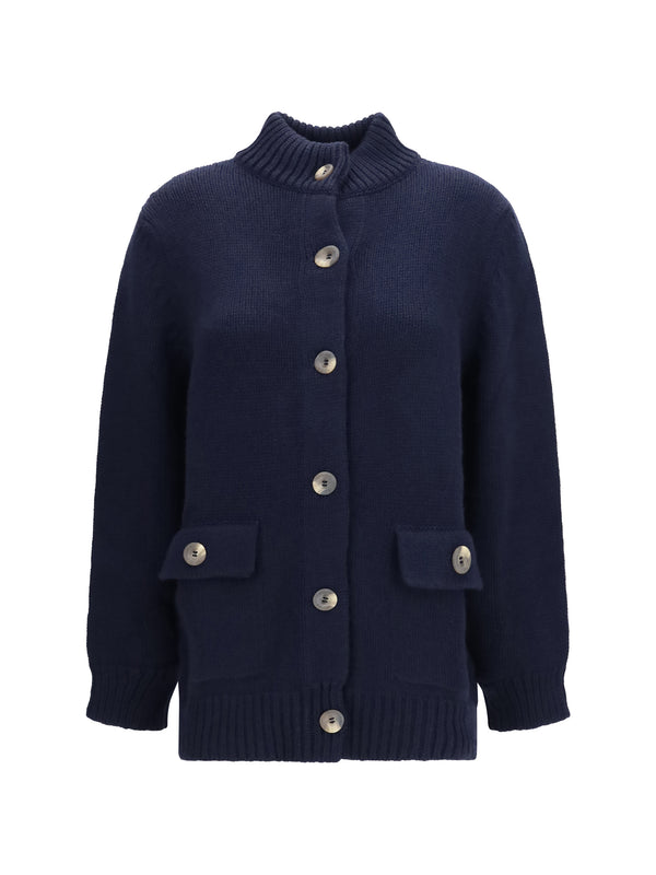 High Neck Cardigan Blue Navy Kashmir/capra Hircus Down Jackets