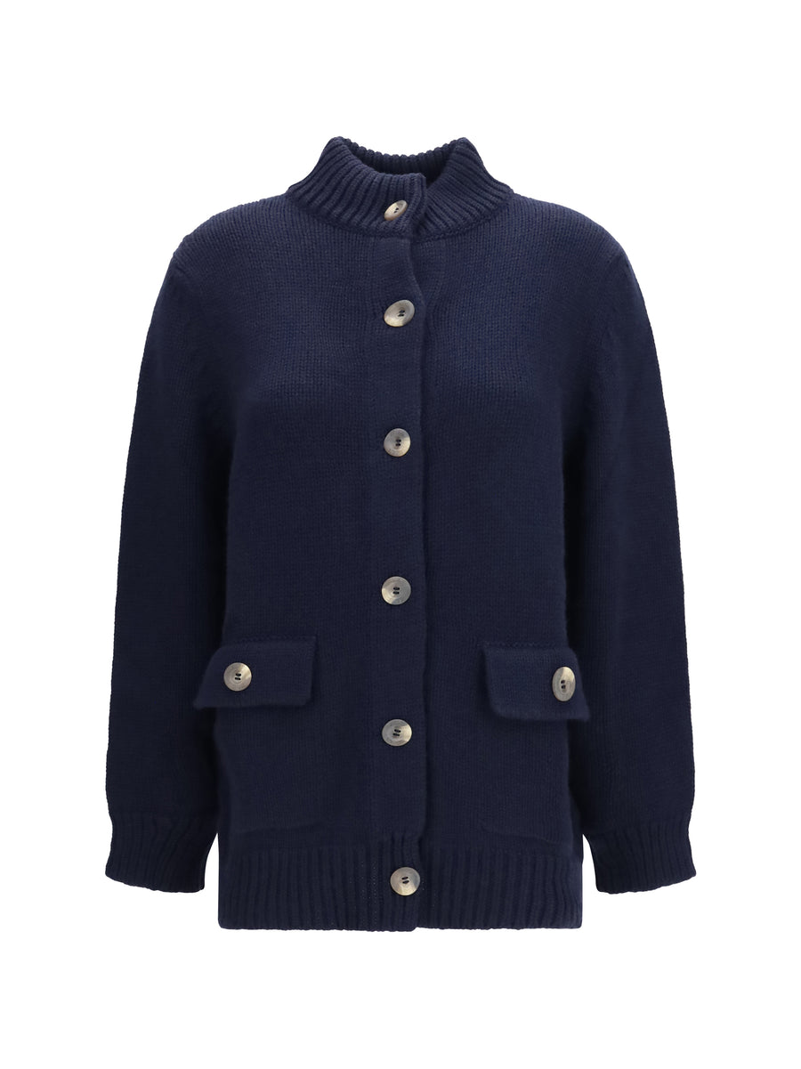 High Neck Cardigan Blue Navy Kashmir/capra Hircus Down Jackets