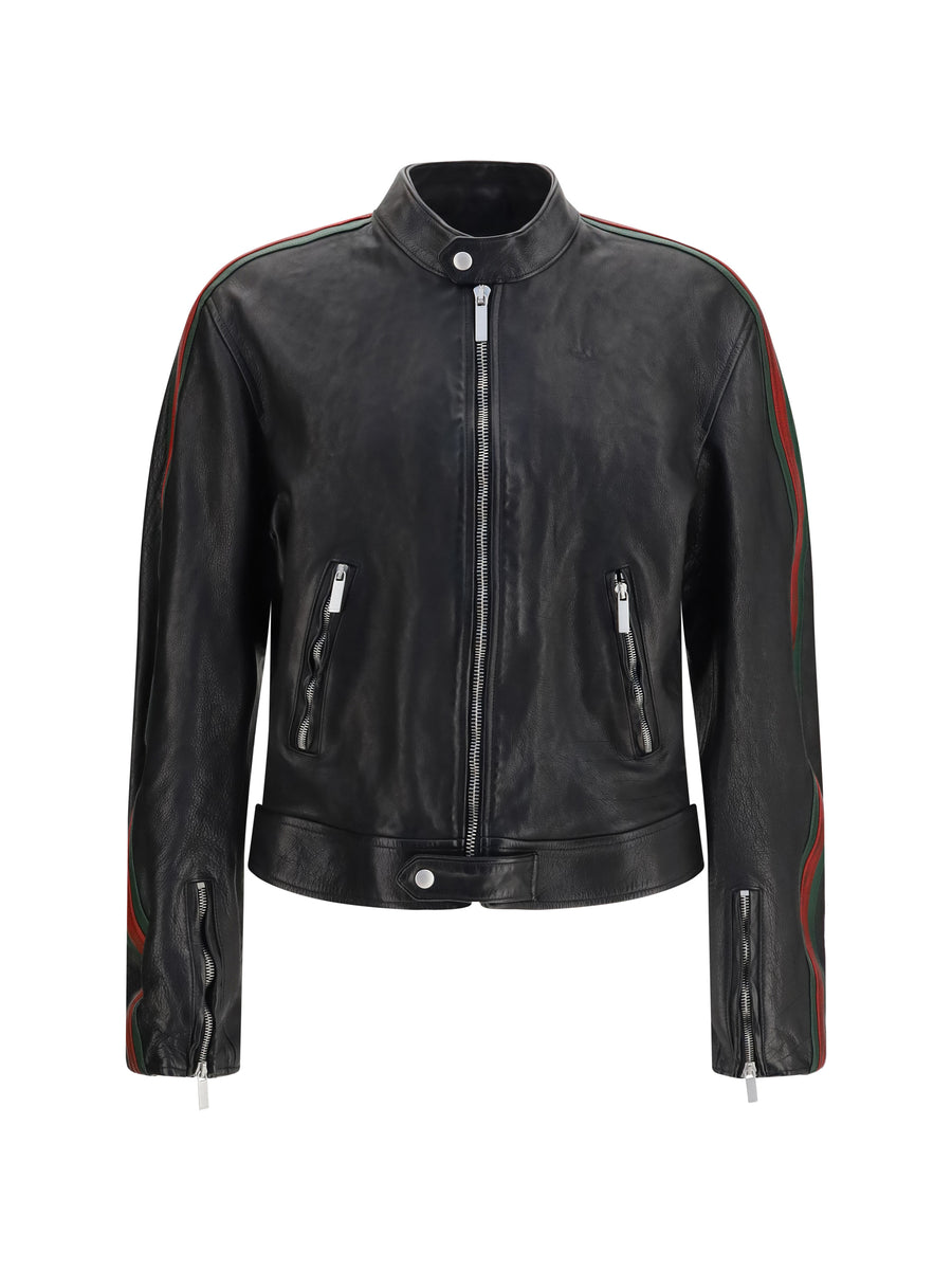 Buffalo Leather Bomber With Web Trim Black/green/red Jacket