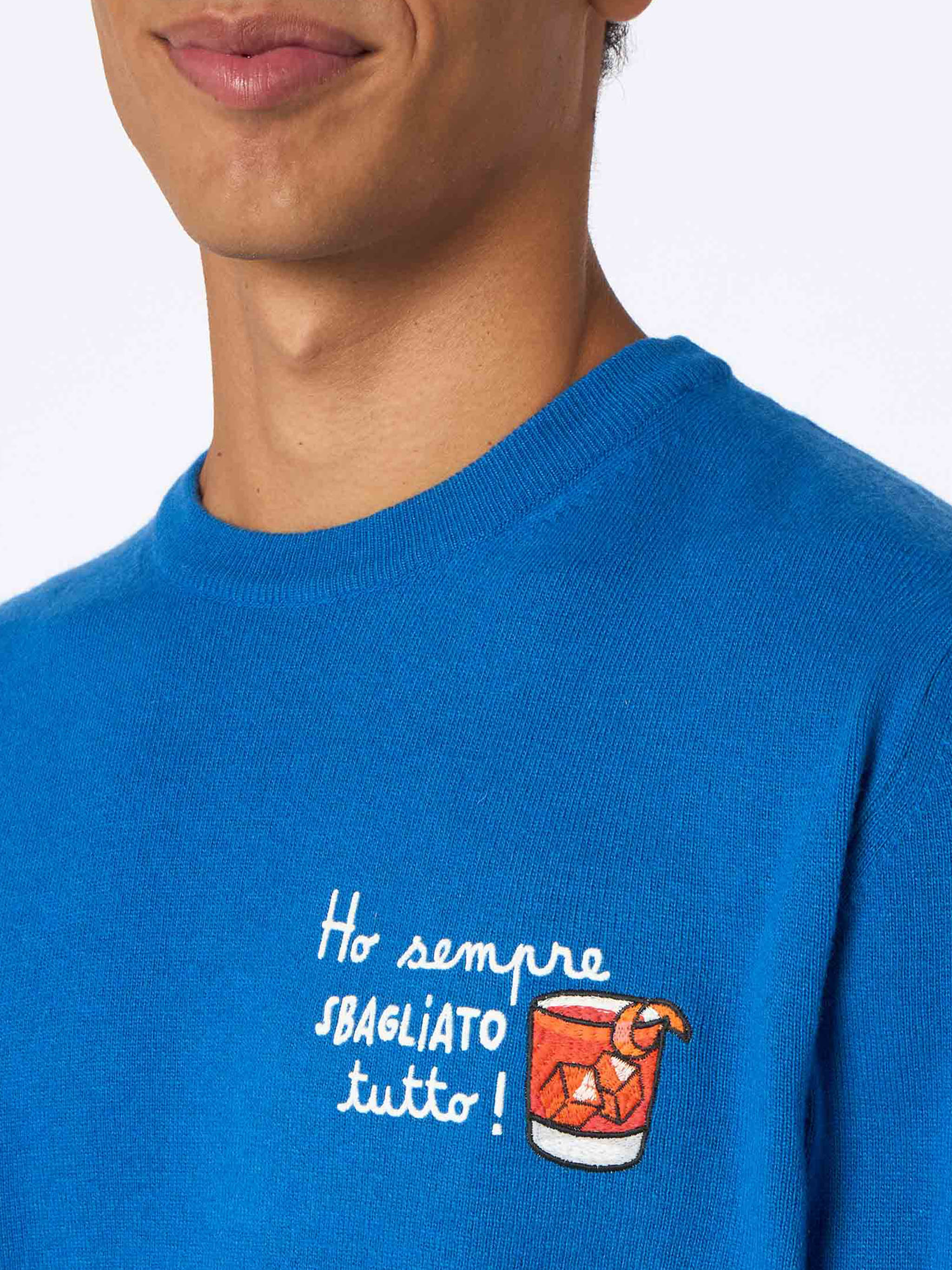Crewneck Sweater Heron With Ho Sempre Sbagliato Tutto Embroidery Blue