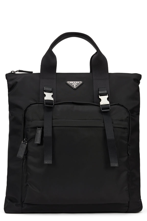 Tote Bag Re-Nylon & Saffiano Leather, Black Polyamide