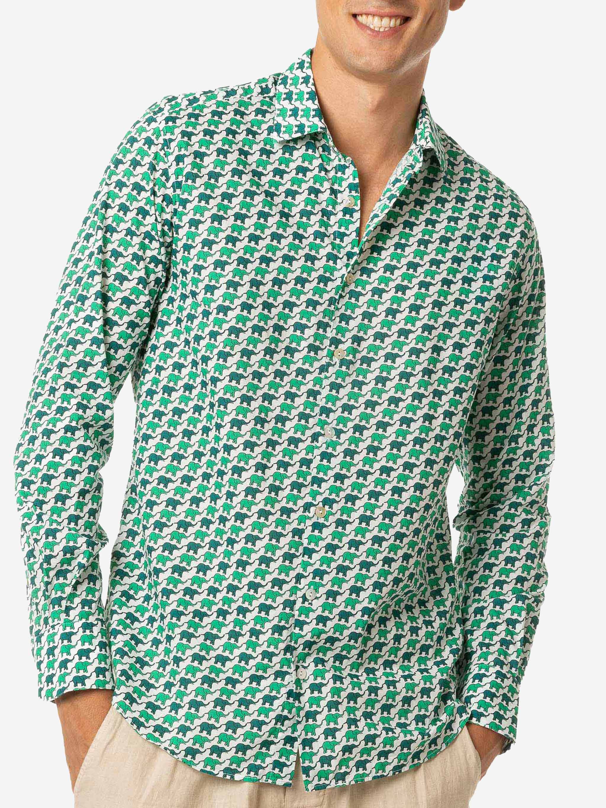 Man Muslin Cotton Sikelia Shirt With Elephant Print White
