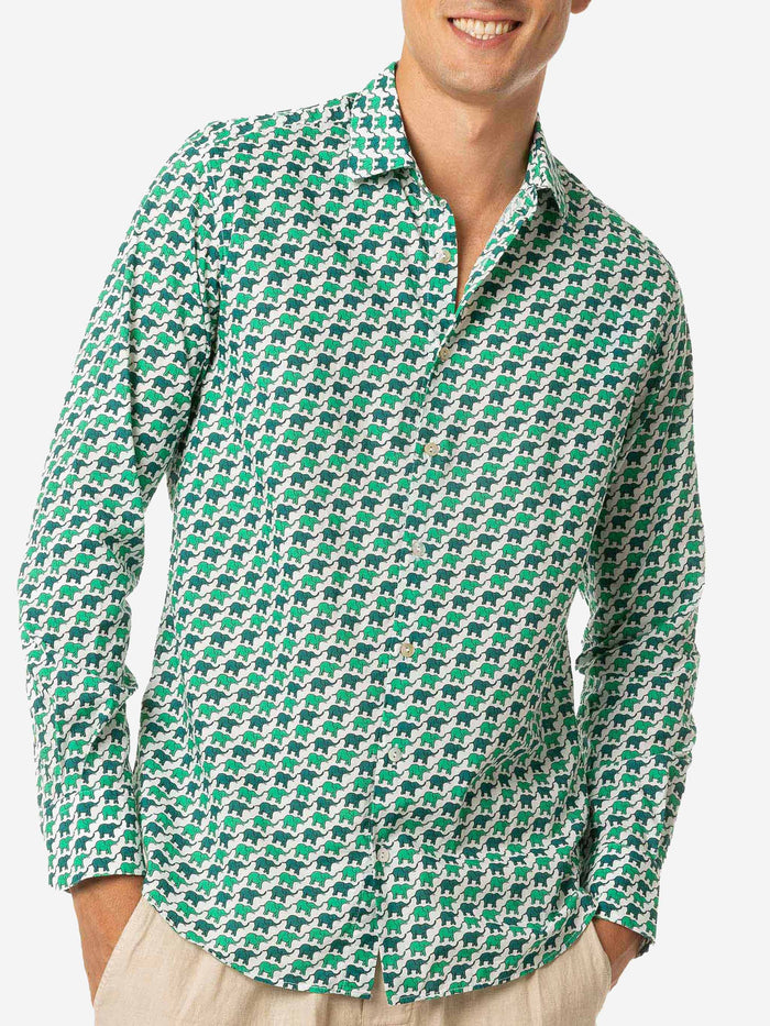 Man Muslin Cotton Sikelia Shirt With Elephant Print White