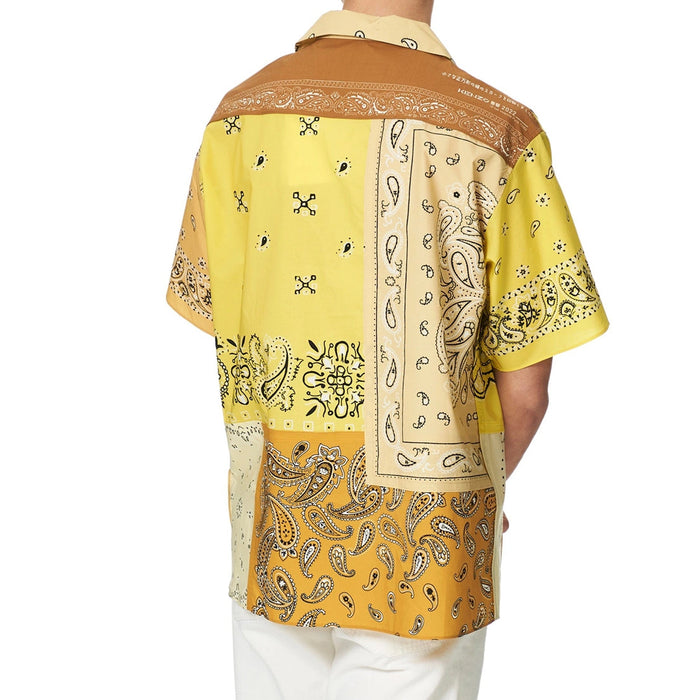 Patchwork Short Sleeves Shirt Yellow Cotton
