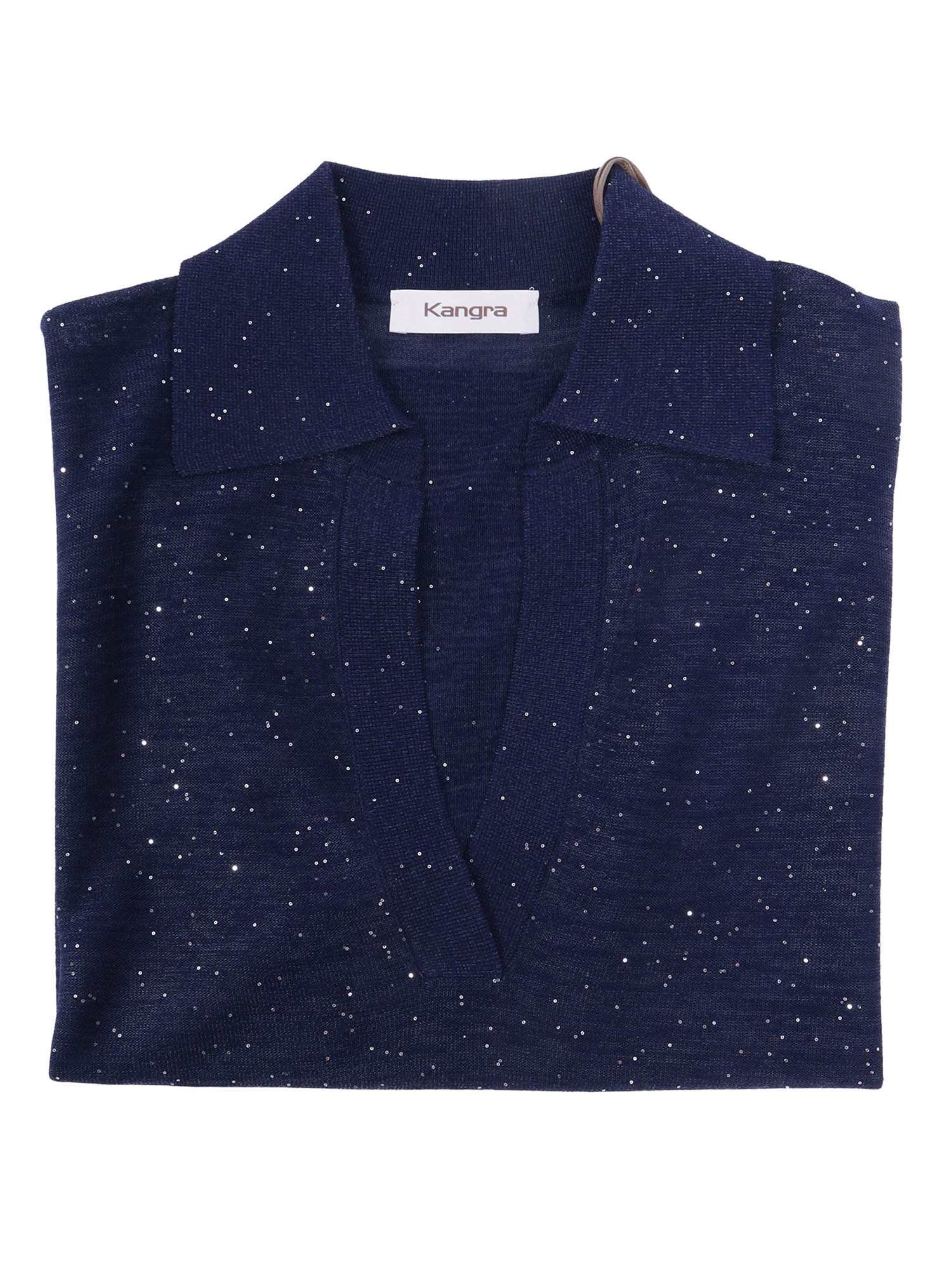 Open-Front Short Sleeve Polo With Micro-Sequins Blue Shirt