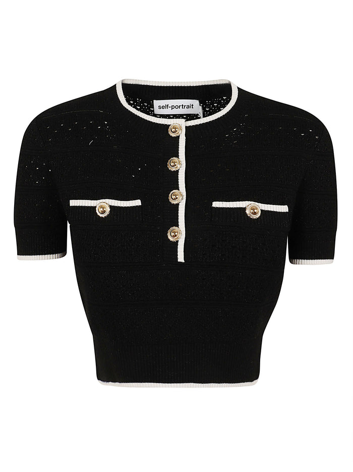 Black Pointelle Knit Top Co Pa Cly Mes Fibre Pes
