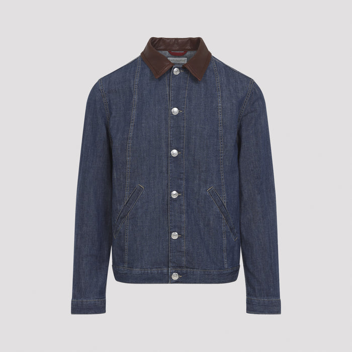 Leather Collar Jacket Blue Cotton