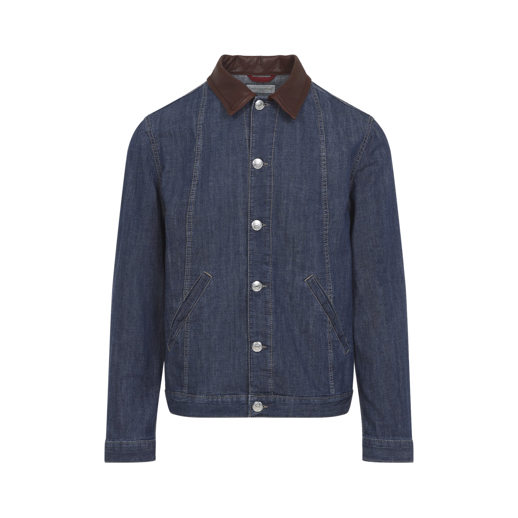Leather Collar Jacket Blue Cotton