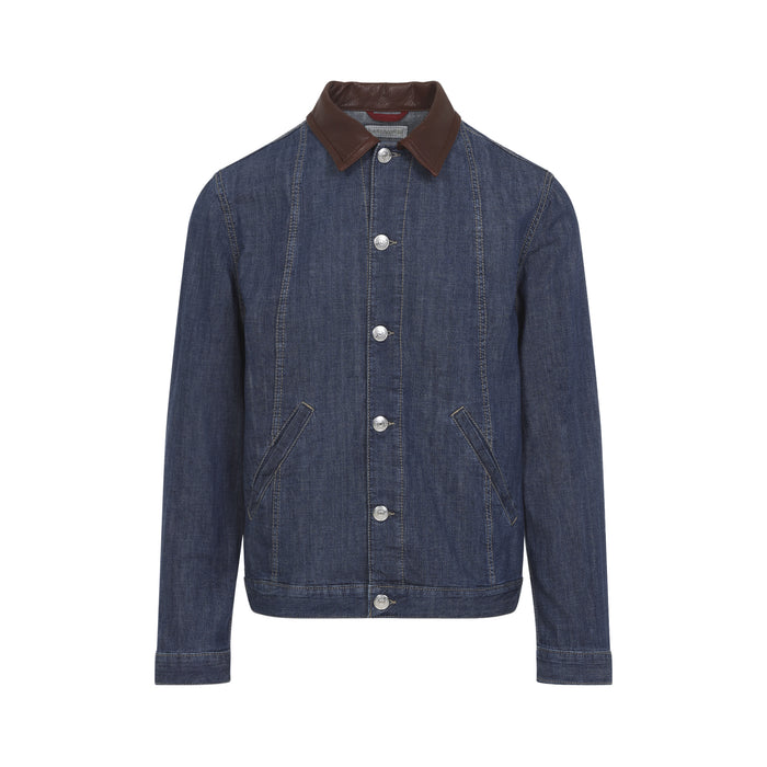Leather Collar Jacket Blue Cotton