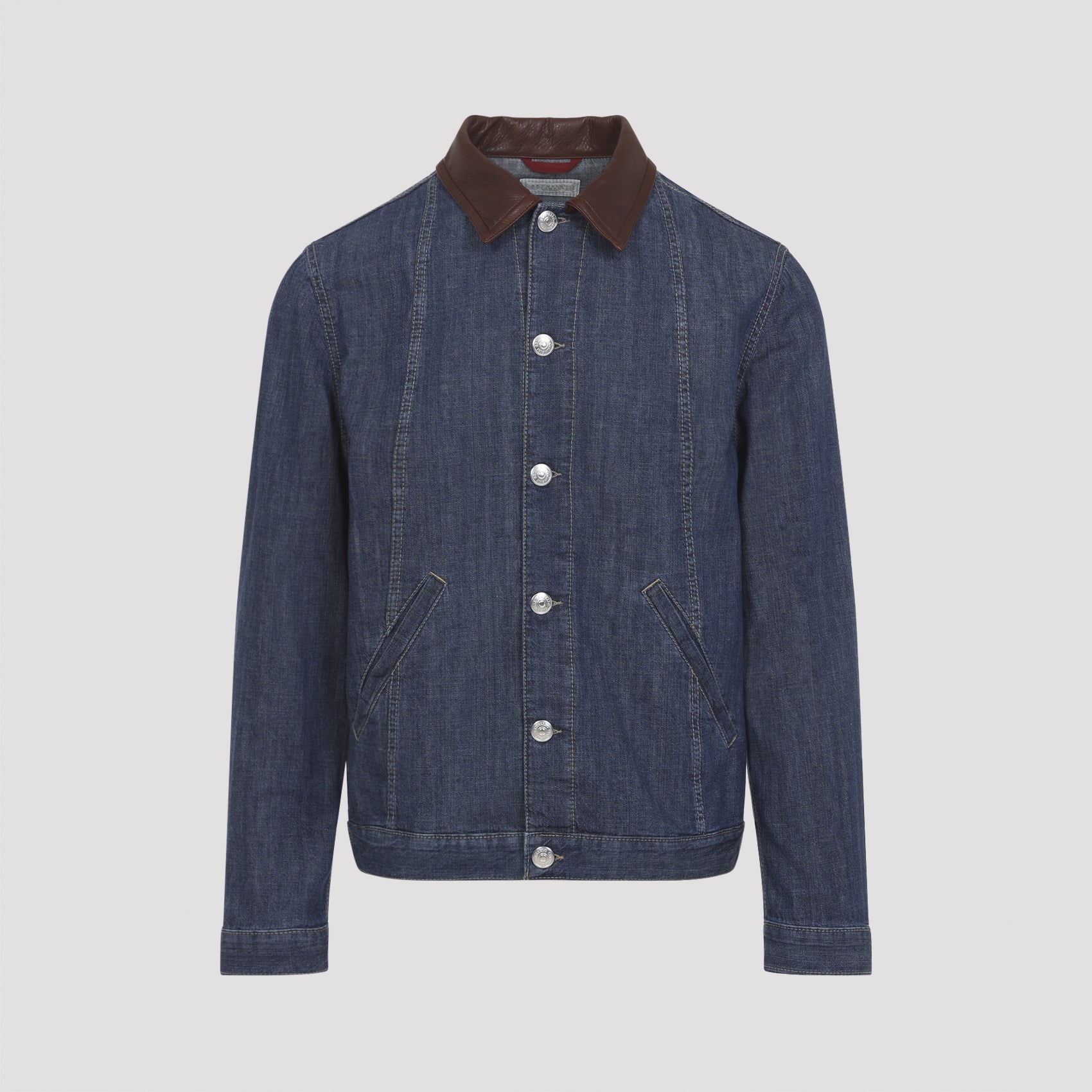 Leather Collar Jacket Blue Cotton