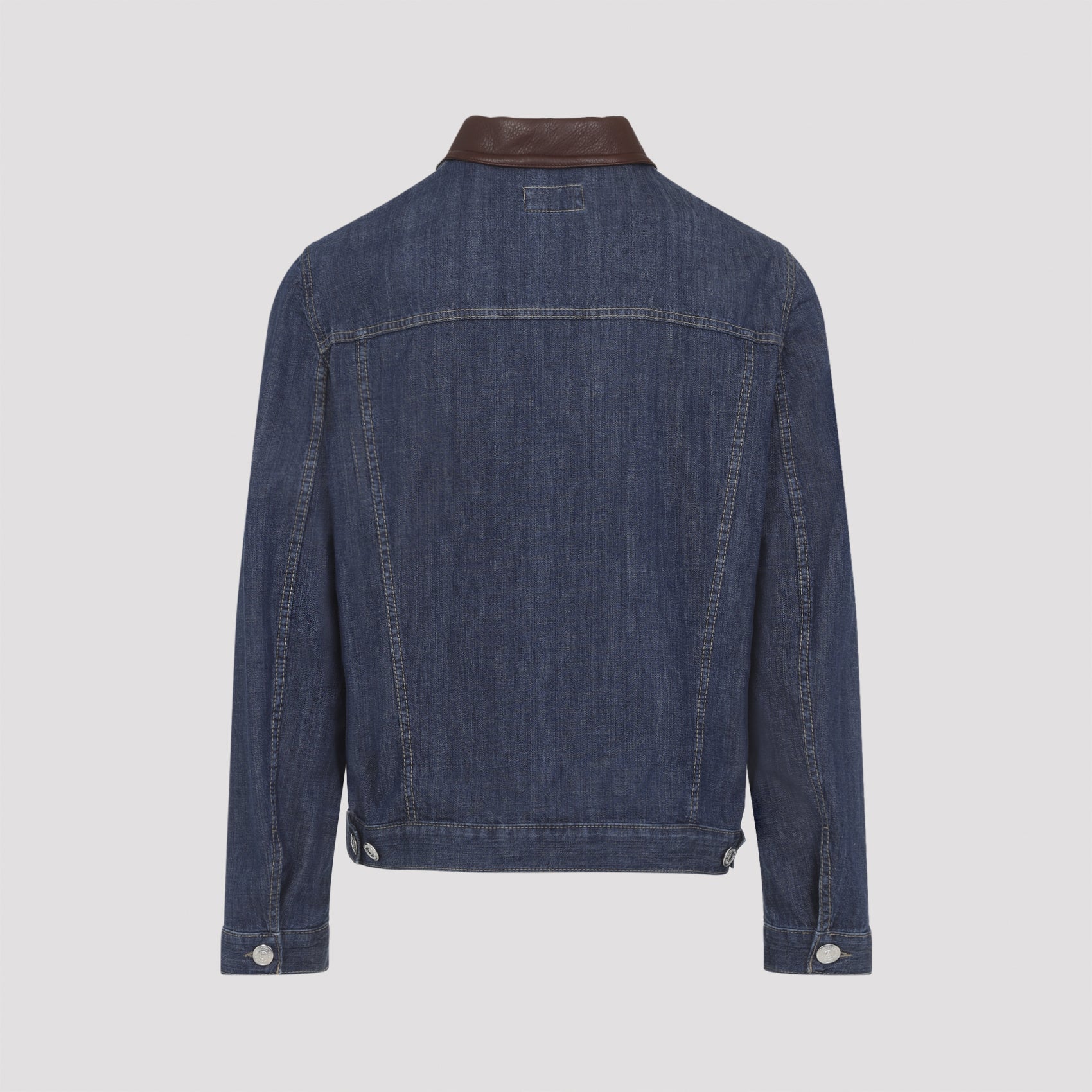 Leather Collar Jacket Blue Cotton