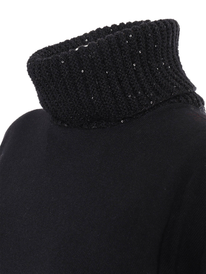 Turtle Neck Sweater With Sequin Collar Black Virgin Wool Silk Cashmere Turtleneck