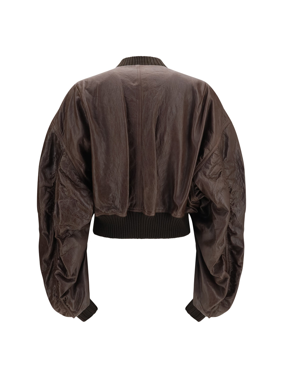 Bomber Jacket Cropped Leather Brown Calf Puffer