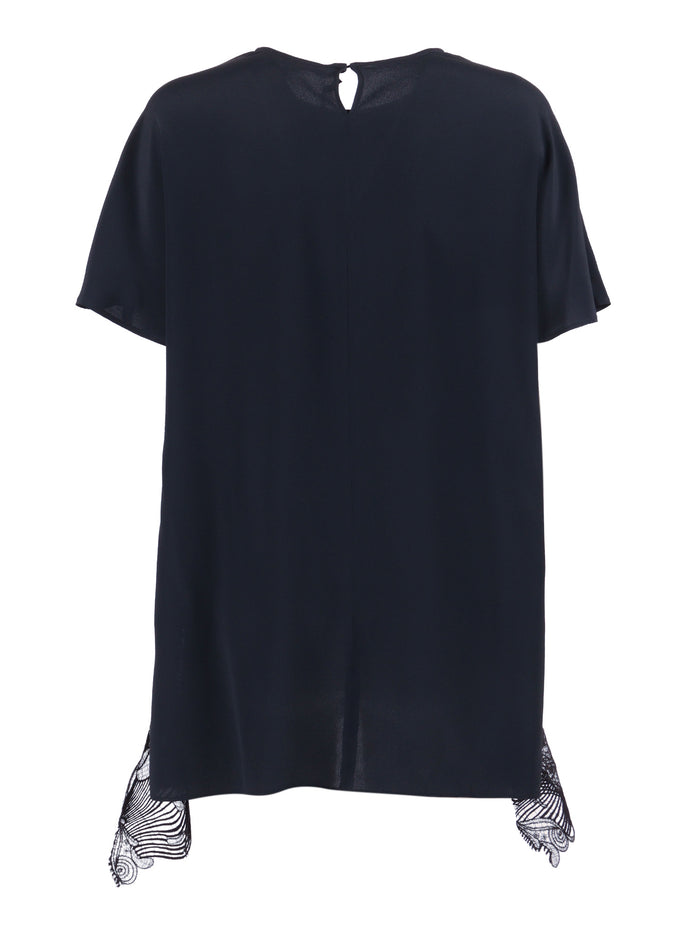 Crepe De Chine Short Sleeve Top With Lace Bottm Band Blue Acrylic Silk