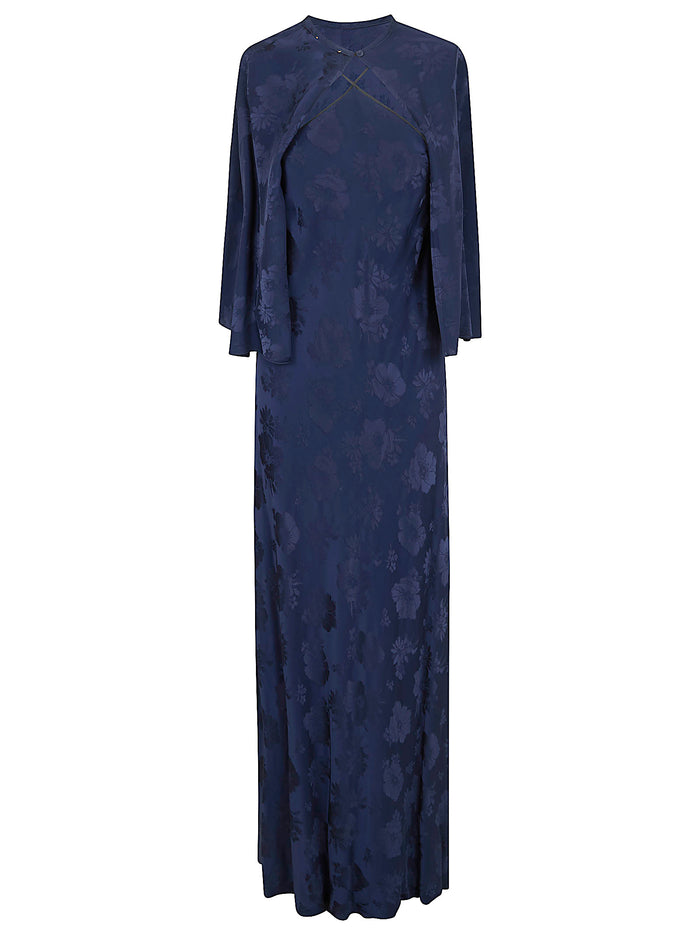 Fluid Bouquet Jacquard Bias Dress With Cape Blue Abito