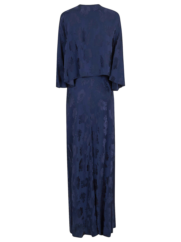 Fluid Bouquet Jacquard Bias Dress With Cape Blue Abito