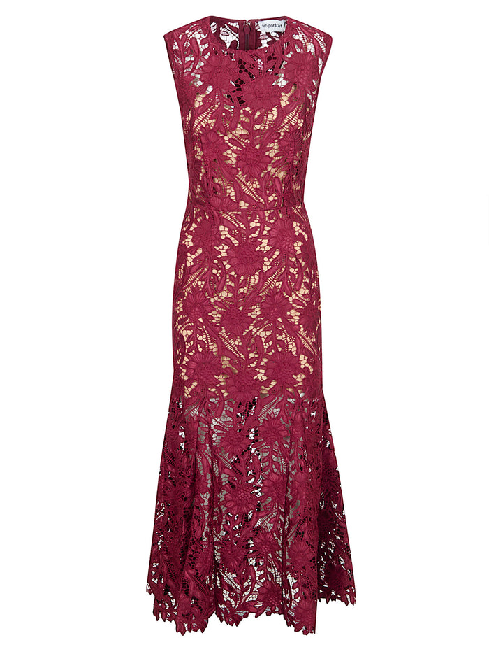 Burgundy Guipure Lace Midi Dress Red Pes Ea Abito