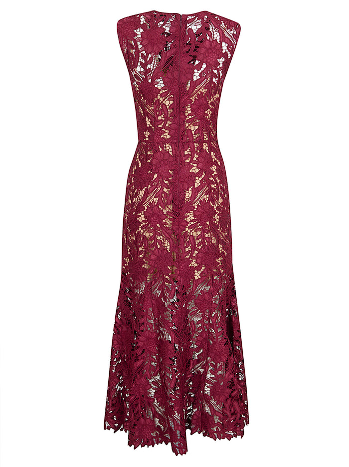 Burgundy Guipure Lace Midi Dress Red Pes Ea Abito