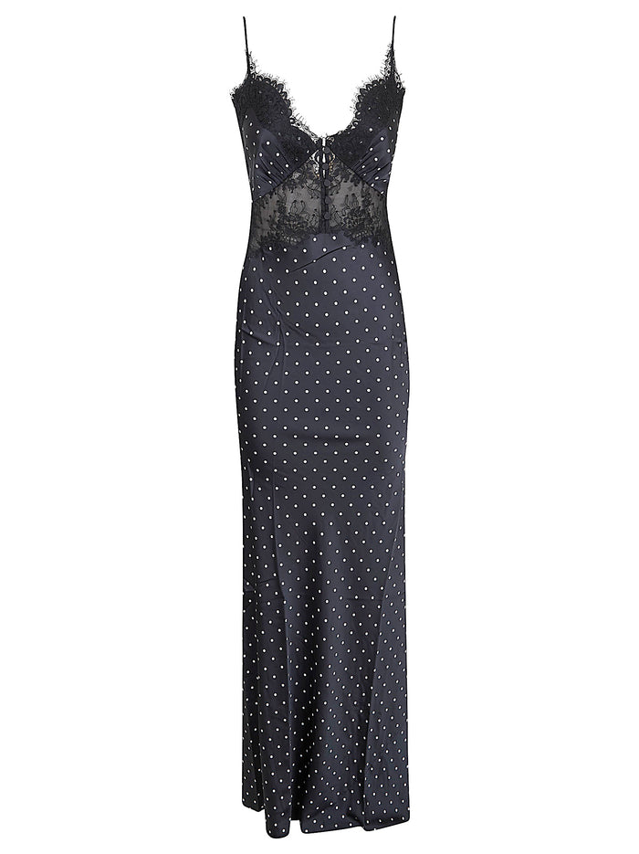 Polka Dot Satin Lace Maxi Dress Black Abito