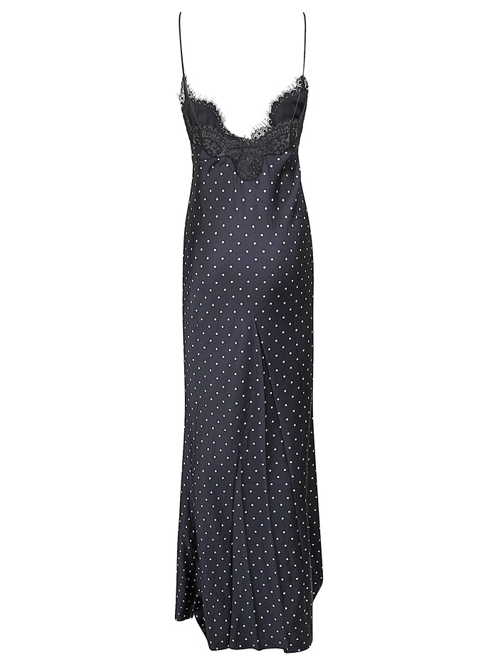 Polka Dot Satin Lace Maxi Dress Black Abito