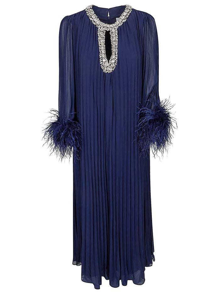 Navy Chiffon Feather Midi Dress Blue Pes Lining: Abito